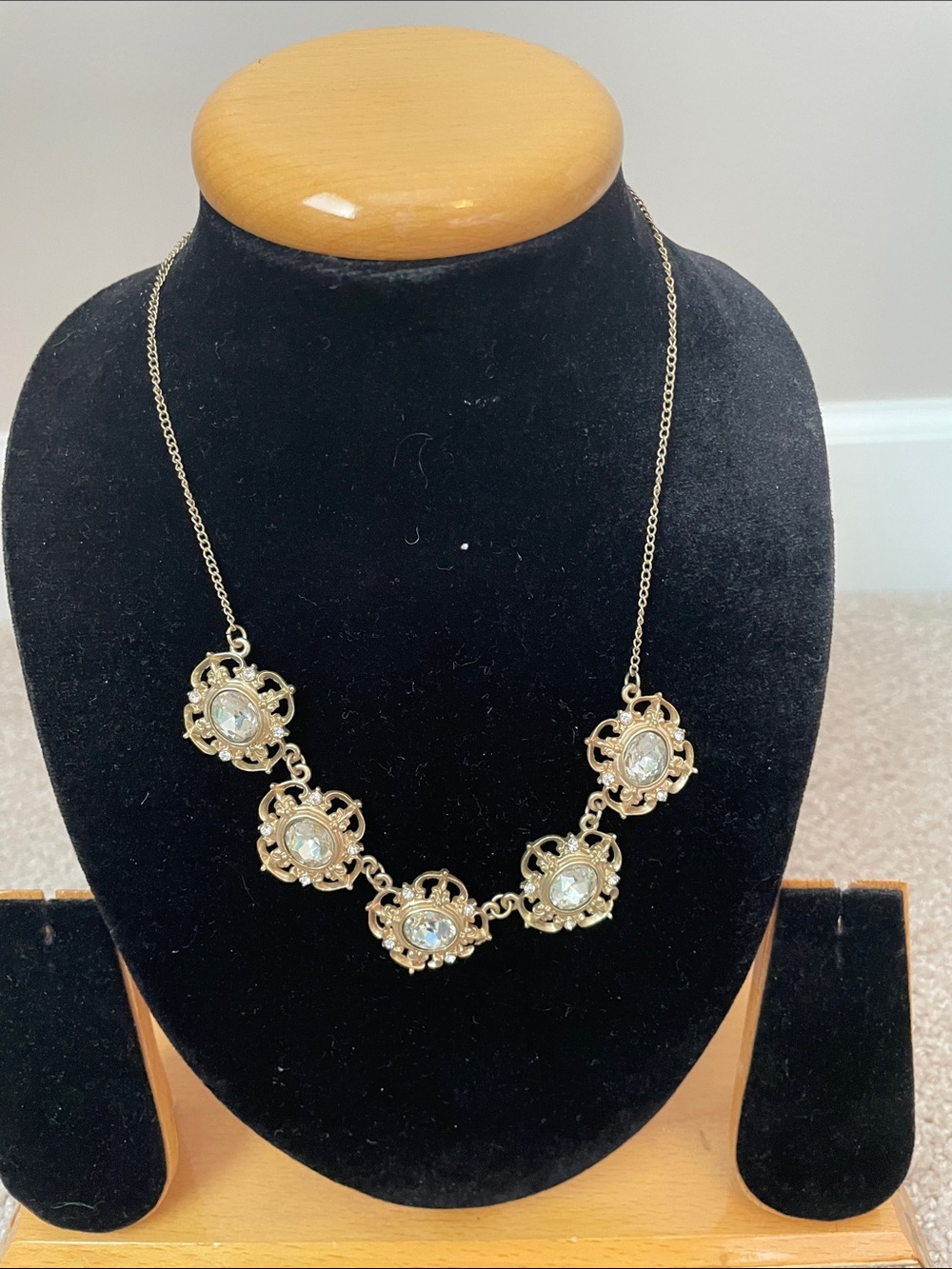 Gold Floral Statement Necklace with Clear Crystals - Women Jewelry
